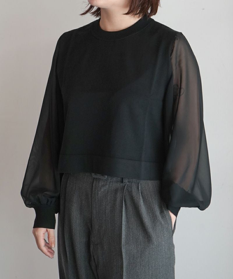 HYKE＞SHEER SLEEVES CREW NECK CROPPED KNIT | MAKES ONLINE STORE