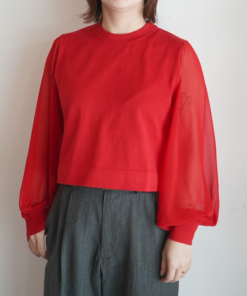 HYKE＞SHEER SLEEVES CREW NECK CROPPED KNIT | MAKES ONLINE STORE
