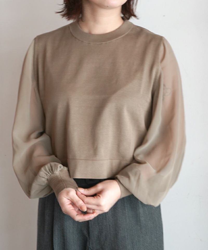 HYKE＞SHEER SLEEVES CREW NECK CROPPED KNIT | MAKES ONLINE STORE