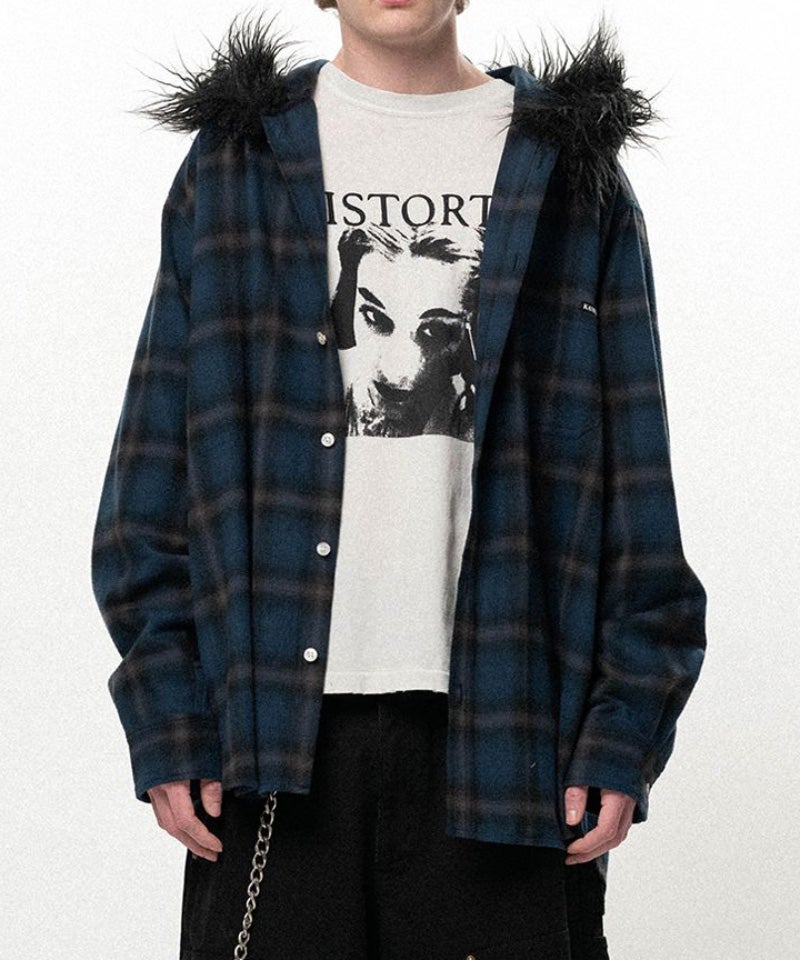 KAMIYA＞Fur-Trimmed Hooded Check Shirt | MAKES ONLINE STORE
