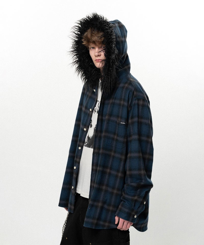 KAMIYA＞Fur-Trimmed Hooded Check Shirt | MAKES ONLINE STORE