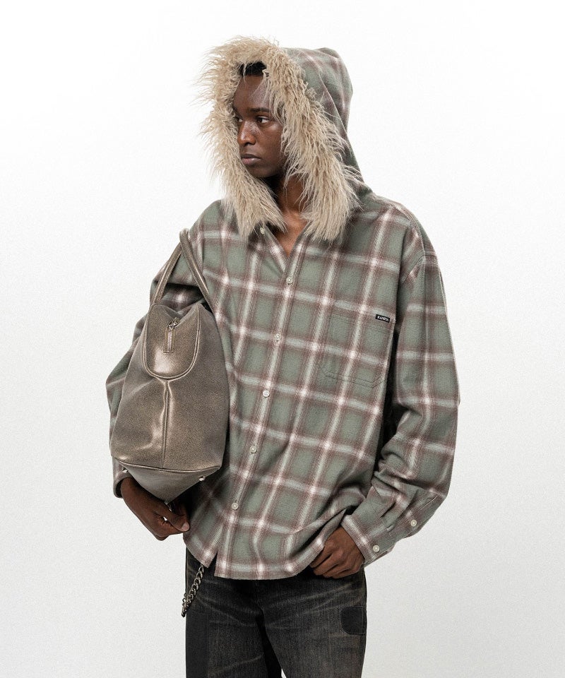 KAMIYA＞Fur-Trimmed Hooded Check Shirt | MAKES ONLINE STORE